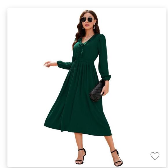 NWT- Dark green Long Sleeve midi Dress, Empire Waist Ruffle V neck- Small - Picture 1 of 6